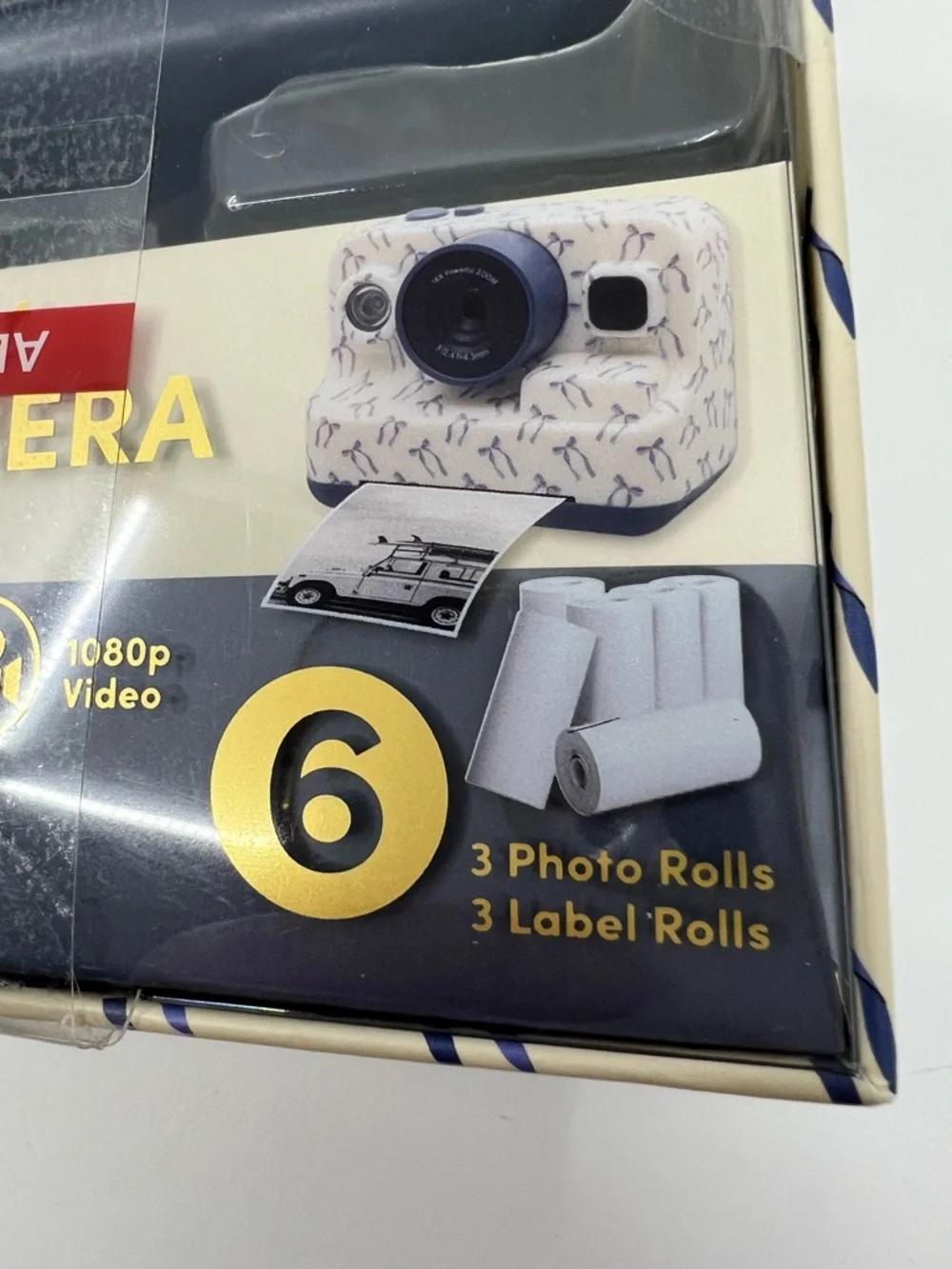 NIB XO Poppy White Digital insta-print Camera with Blue ribbon Accents